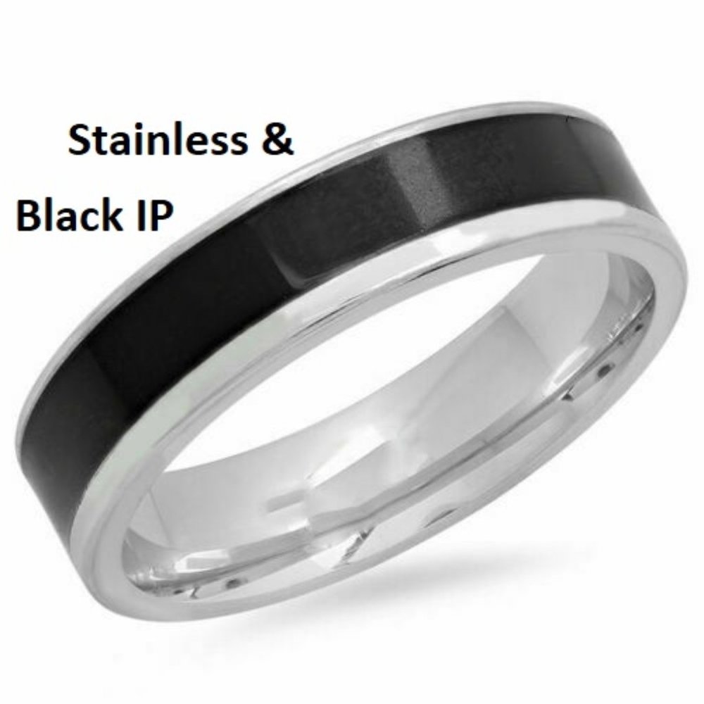 Stainless steel band ring with black ip mens silver size 10 11 12 NWT